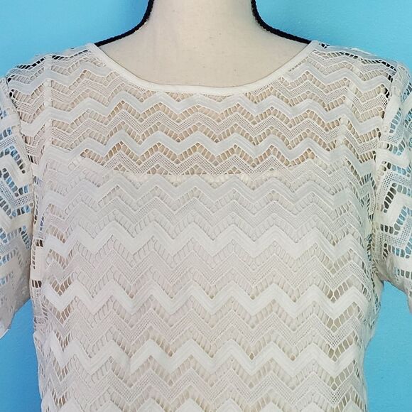 Loft White Chevron Lacey Lined Short Sleeve Dress - Picture 2 of 8